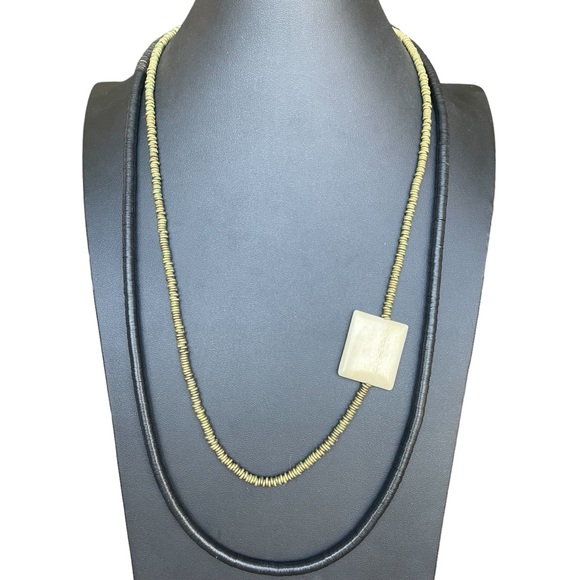Suno Bone Accent & Heishi Style Disc Beaded Necklace Pullover Gold Tone Metal